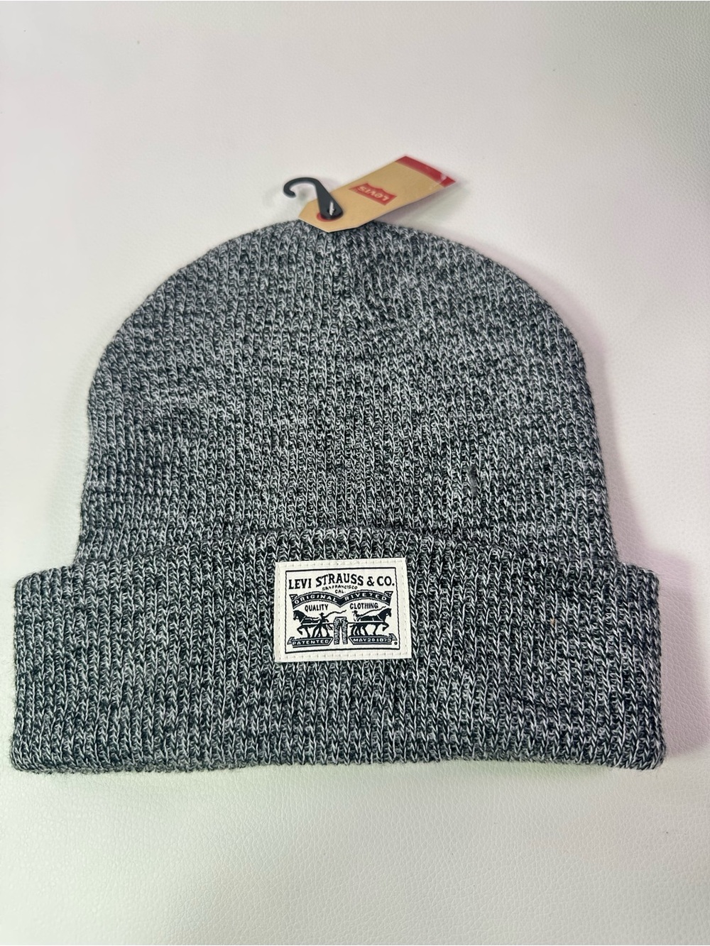 NEW LEVI STRAUSS BACK PATCH KNIT CAP/BEANIE HAT MARL GRAY/BLACK/WHITE